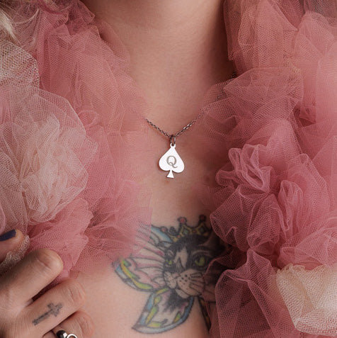 Queen of spades (pique) pendant with necklace